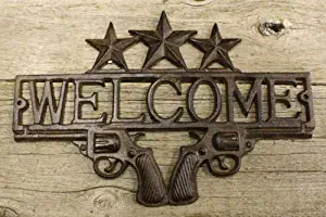 JumpingLight Cast Iron Pistol Welcome Plaque Sign Rustic Ranch Western Style Man Cave Cowboy Cast Iron Decor for Vintage Industrial Home Accessory Decorative Gift