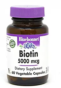 Bluebonnet Nutrition Biotin 5000 Mcg Vegetable Capsules, Biotin is a B Vitamin That Helps Make Keratin, Vegan, Vegetarian, Non GMO, Gluten Free, Soy Free, Milk Free, Kosher, 60 Vegetable Capsules