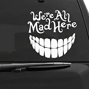 We're All Mad Here Alice In Wonderland Cheshire Cat Decal Vinyl Sticker|Cars Trucks Vans Walls Laptop| White |5.5 x 5.5 in|CCI965