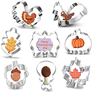 Large Fall Cookie Cutter Set ShapesThanksgiving-Turkey, Pumpkin, Turkey Leg, Squirrel, Maple, Oak Leaf, Acorn and Plaque Frame Fondant Cookie Cutters 8Pcs