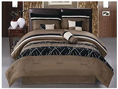 JBFF 7 Piece Luxury Embroidery Bed in Bag Microfiber Comforter Set (Queen, Coffee)