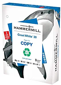 Hammermill Great White 30% Recycled 20lb Copy Paper, 8.5 x 11, 1 Ream, 3 Hole Punched, 500 Sheets, Made in USA, Sustainably Sourced From American Family Tree Farms, 92 Bright, Acid Free, 086702R