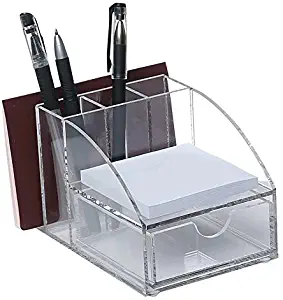 Ikee Design Acrylic Premium Desktop Office Supplies Organizer with Post It Note Pad Holder, Mail Storage and 3 Pencil Slots, Office Tool Storage Case, 3 7/8"W x 5 7/8"D x 3 1/2"H