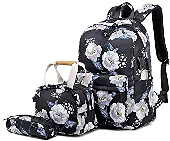 School Backpack for Girls with Lunch bag (3 Pieces), Teen girls School Bag Canvas Laptop Backpack Set with Lunch Bag and Purse for Kids by CLINE