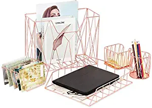 LIANTRAL Office Desk Organizer Set, 5-Piece Cute Desk Accessories Set with Pencil Cup Holder, Letter Sorter, Letter Tray, Hanging File Organizer, and Sticky Note Holder for Home or Office (Rose Gold)