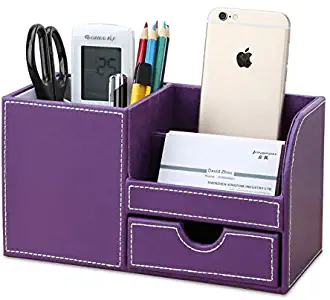 KINGFOM Wooden Struction Leather Multi-Function Desk Stationery Organizer Storage Box Pen/Pencil,Cell Phone, Business Name Cards Remote Control Holder with Small Drawer Purple