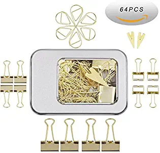 12 Pcs Binder Clips and 2 Pcs Bookmarker and 50 Pcs Paper Clips,Assorted Size Gold Clips with Storage Case ONE Box