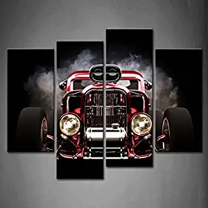 4 Panel Wall Art Hot Rod With Smoke Background On Black Painting The Picture Print On Canvas Car Pictures For Home Decor Decoration Gift piece