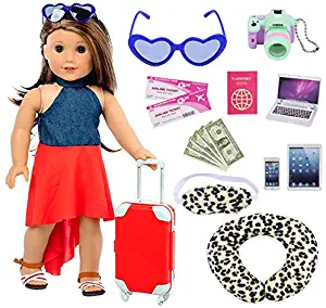 Ecore Fun 16 Pcs Doll Travel Suitcase Play Set for American 18 Inch Doll, Including Doll Luggage Sunglasses Camera Computer Phone Pad Travel Pillow Blindfold Passport Tickets Cashes